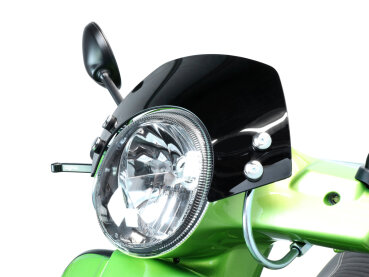 Windschutzscheibe mit verchromten Haltern Moto Nostra b=340mm, h=105mm Vespa GT, GTL, GTS, GTS Super 125-300ccm schwarz getöntes Glas