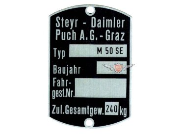 Rahmen Typenschild Maße 60 x 40mm für Puch M 50 SE