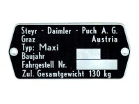 Rahmen Typenschild Maße 74 x 35mm für Puch...