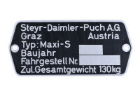 Rahmen Typenschild Maße 74 x 35mm für Puch...