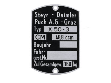 Rahmen Typenschild 60 x 40mm für Puch X 50-3