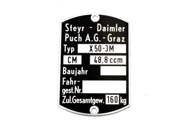 Rahmen Typenschild Maße 59 x 40mm für Puch X 50-3M